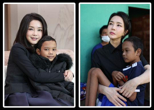 <왼쪽>김건희 여사가 31일 서울 용산 대통령실 청사로 심장질환 수술을 받고 회복한 캄보디아 아동 로타 군을 초청해 안아주고 있다. <오른쪽>윤석열 대통령 부인 김건희 여사가 지난해 11월 12일(현지시간) 캄보디아 프놈펜에서 선천성 심장질환을 앓고 있던 로타군의 집을 찾아 건강 상태를 살피고 있다. 대통령실 제공